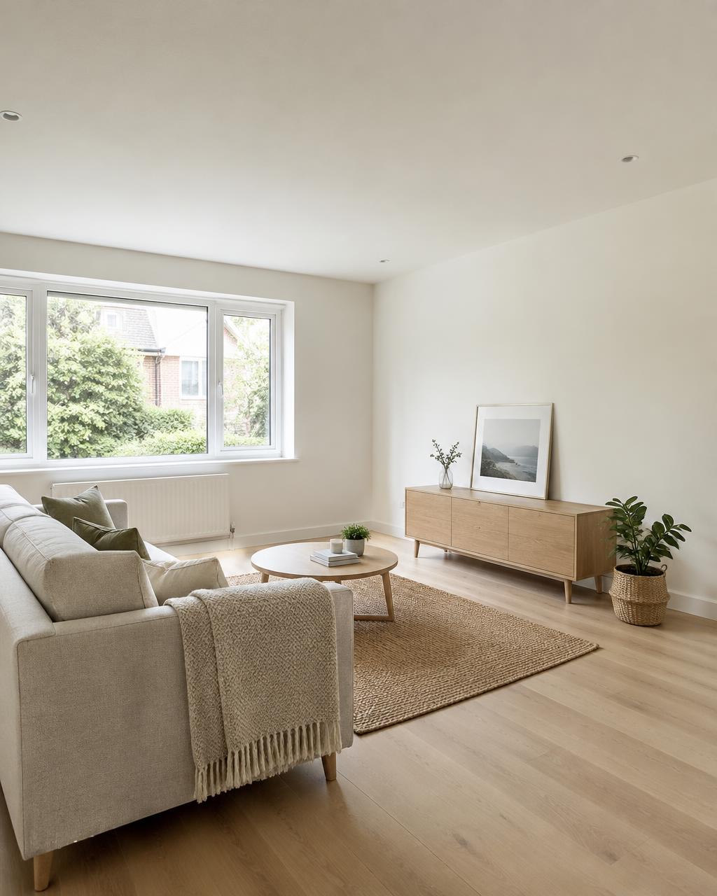 Finished living room with smooth wall surfaces