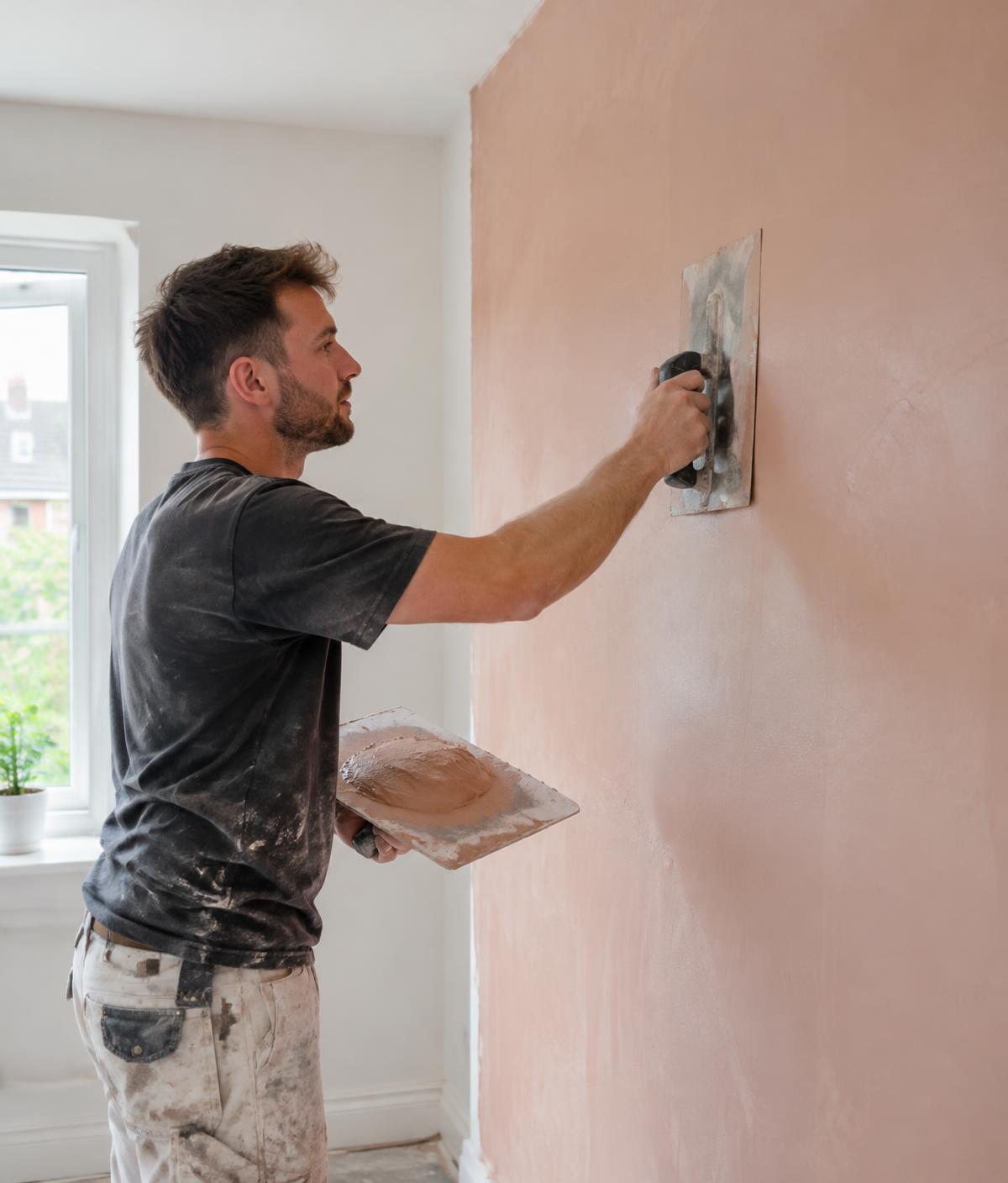 Plasterer applying a smooth skim coat to an interior wall